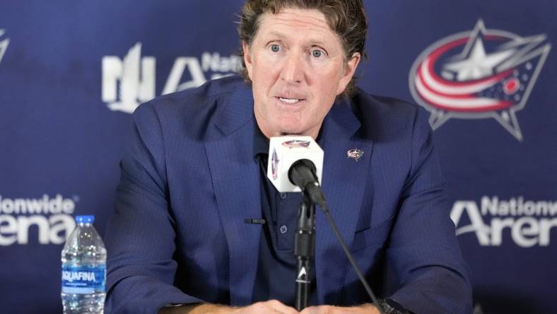 Jul 1, 2023; Columbus, OH, USA; Columbus Blue Jackets name Mike Babcock as their new head coach during a press conference at Nationwide Arena. Mandatory Credit: Kyle Robertson-USA TODAY NETWORK