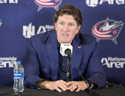 Jul 1, 2023; Columbus, OH, USA; Columbus Blue Jackets name Mike Babcock as their new head coach during a press conference at Nationwide Arena. Mandatory Credit: Kyle Robertson-USA TODAY NETWORK