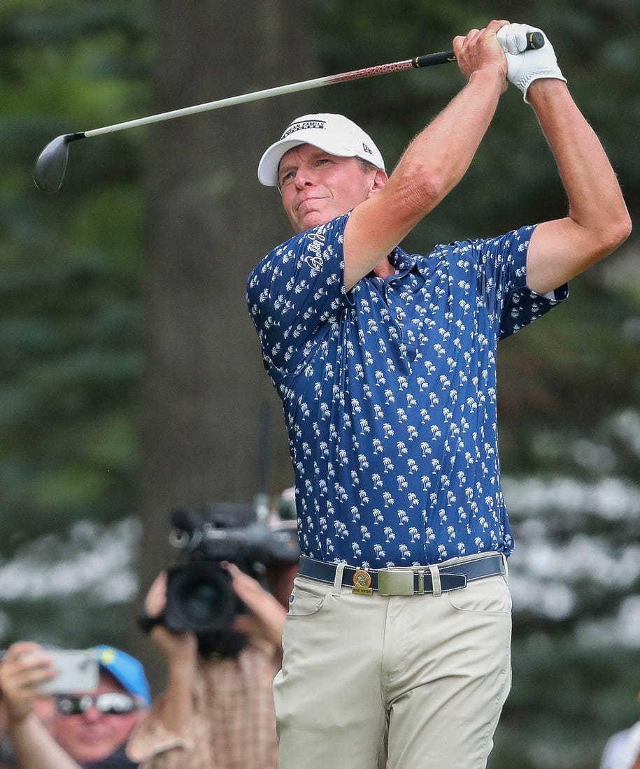 Steve Stricker holds his follow-through after hitting his tee shot on the 17th hole during the third round of the 2023 U.S. Senior Open on Saturday, July 1, 2023, at SentryWorld in Stevens Point, Wis. Stricker fired a round of 68 to move into sole possession of third place entering the final round.
Tork Mason/USA TODAY NETWORK-Wisconsin