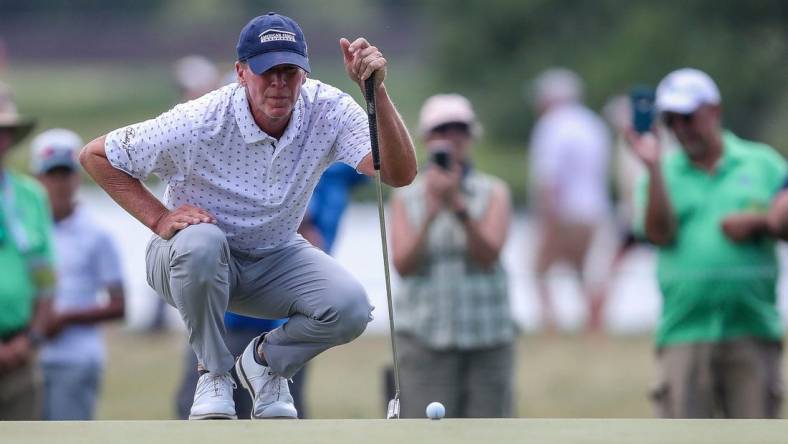 Steve Stricker reads a putt on the 11th green during the final round of the 2023 U.S. Senior Open on Sunday, July 2, 2023, at SentryWorld in Stevens Point, Wis. Stricker finished the tournament in 2nd place at 5-under par.Tork Mason/USA TODAY NETWORK-Wisconsin