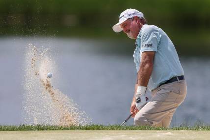 Jerry Kelly pitches out of a greenside bunker on the 12th hole during the final round of the 2023 U.S. Senior Open on Sunday, July 2, 2023, at SentryWorld in Stevens Point, Wis. Kelly finished the tournament in 3rd place at 4-under par.Tork Mason/USA TODAY NETWORK-Wisconsin