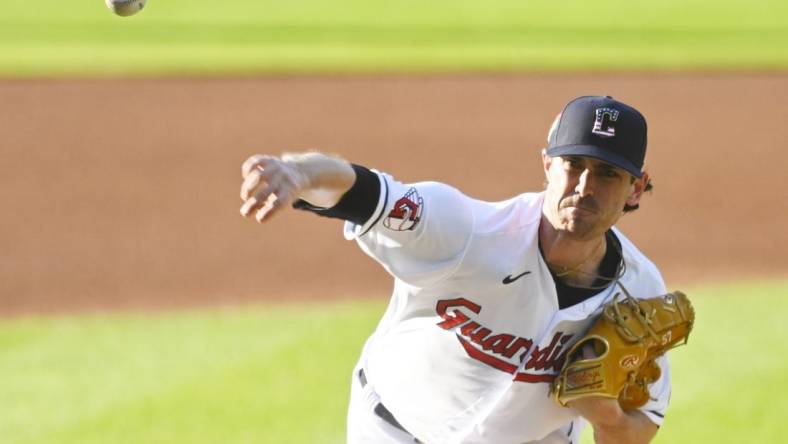 Jul 4, 2023; Cleveland, Ohio, USA; Cleveland Guardians starting pitcher Shane Bieber (57) delivers a pitch in the first inning against the Atlanta Braves at Progressive Field. Mandatory Credit: David Richard-USA TODAY Sports