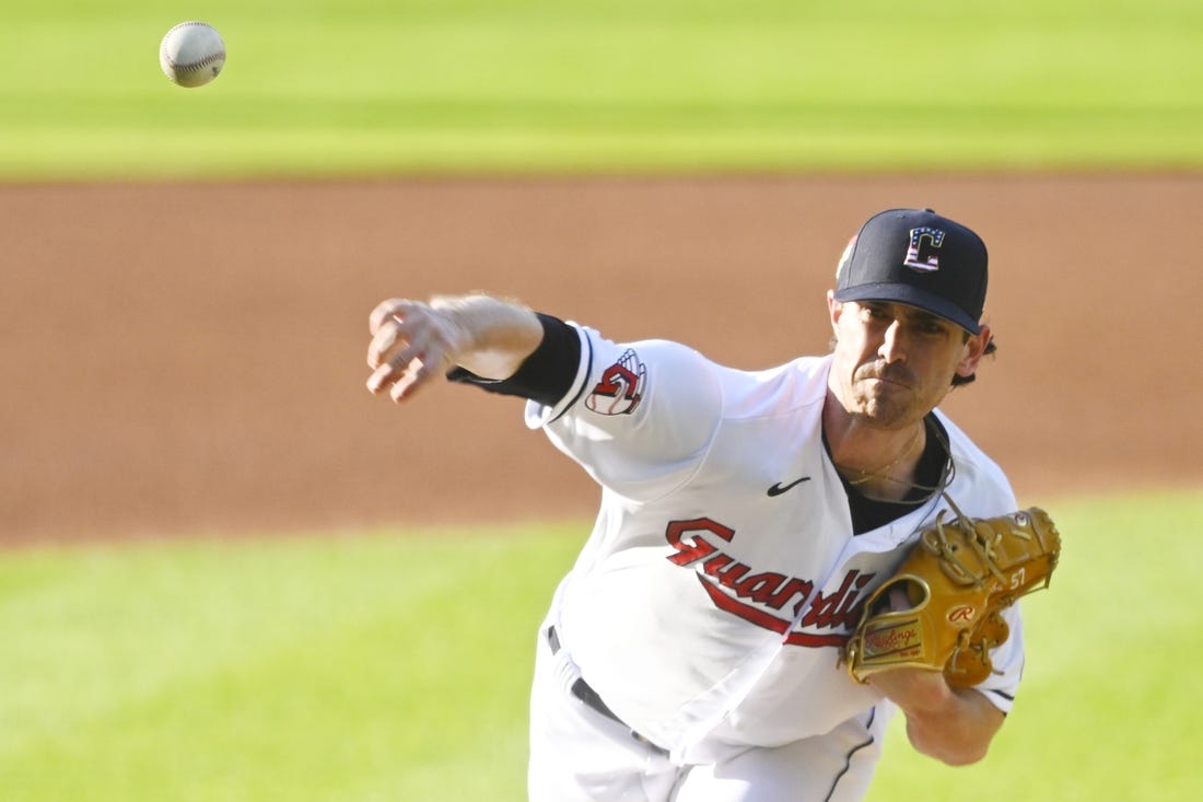 Jul 4, 2023; Cleveland, Ohio, USA; Cleveland Guardians starting pitcher Shane Bieber (57) delivers a pitch in the first inning against the Atlanta Braves at Progressive Field. Mandatory Credit: David Richard-USA TODAY Sports