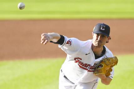 Jul 4, 2023; Cleveland, Ohio, USA; Cleveland Guardians starting pitcher Shane Bieber (57) delivers a pitch in the first inning against the Atlanta Braves at Progressive Field. Mandatory Credit: David Richard-USA TODAY Sports