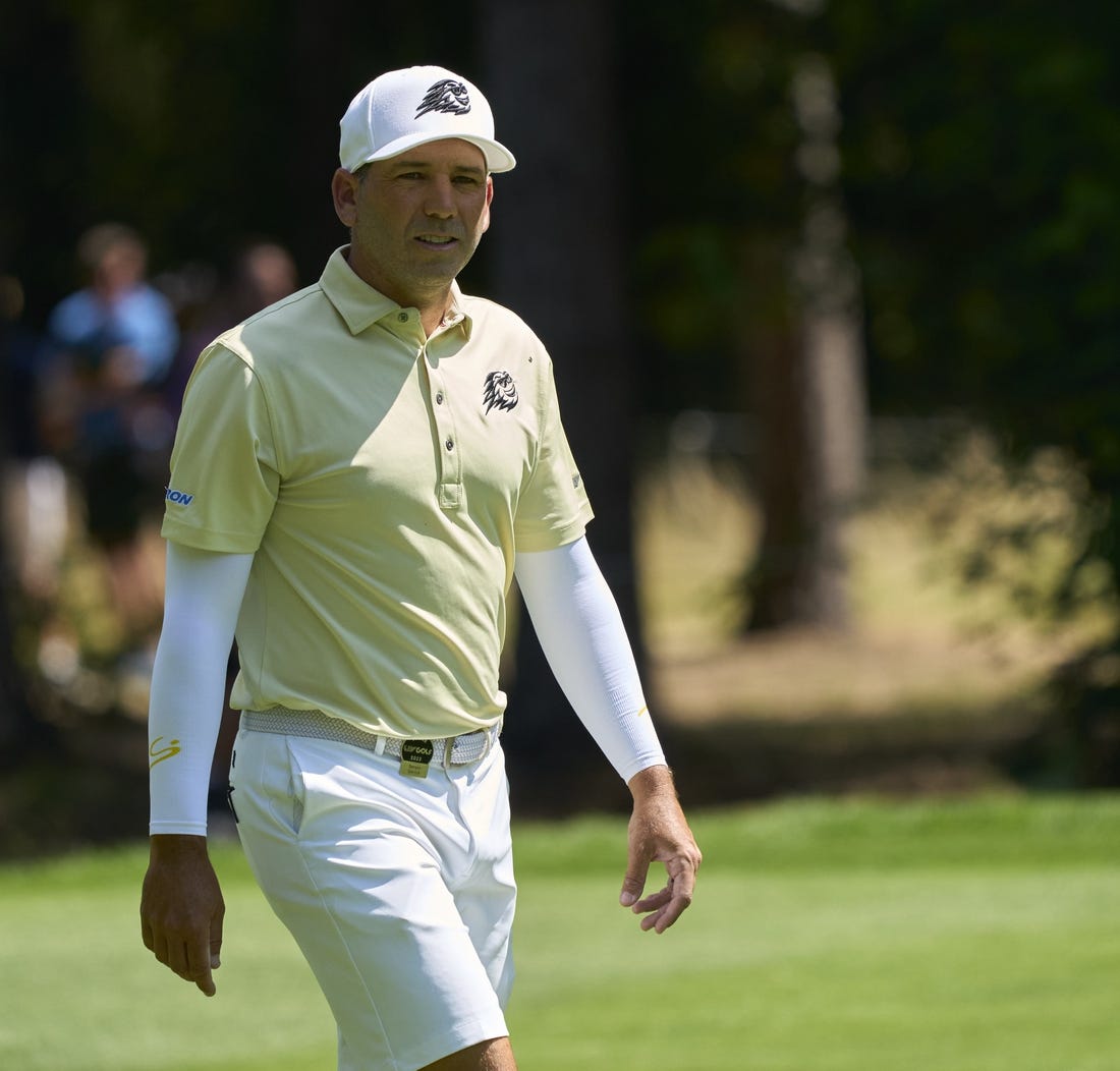 Jul 7, 2023; Hertfordshire, ENG;  Sergio Garcia (ESP) on the third fairway during the first round of the LIV Golf London golf tournament at Centurion Club. Mandatory Credit: Peter van den Berg-USA TODAY Sports