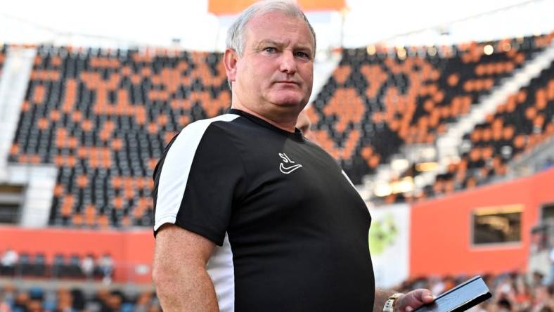 Jul 7, 2023; Houston, Texas, USA; Houston Dash head coach Sam Laity looks on before the game against the Chicago Red Stars at Shell Energy Stadium. Mandatory Credit: Maria Lysaker-USA TODAY Sports