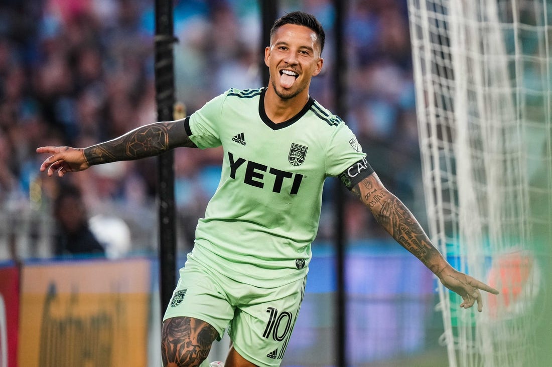 Jul 8, 2023; Saint Paul, Minnesota, USA; Austin FC forward Sebastian Driussi (10) celebrates his goal during the second half against Minnesota United at Allianz Field. Mandatory Credit: Brace Hemmelgarn-USA TODAY Sports