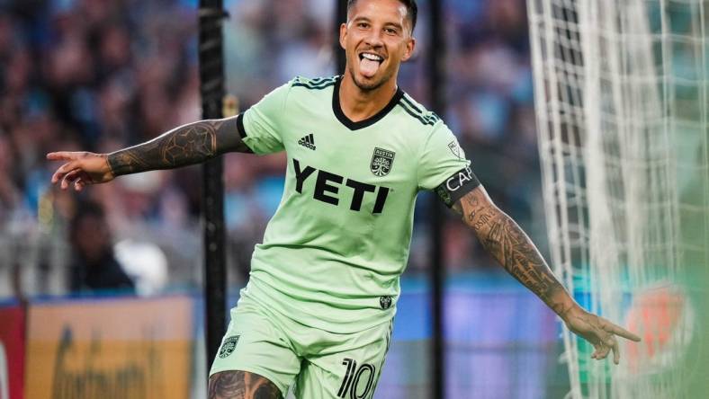 Jul 8, 2023; Saint Paul, Minnesota, USA; Austin FC forward Sebastian Driussi (10) celebrates his goal during the second half against Minnesota United at Allianz Field. Mandatory Credit: Brace Hemmelgarn-USA TODAY Sports