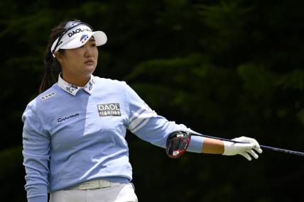 Jul 9, 2023; Pebble Beach, California, USA; Hae Ran Ryu signals after teeing off on the third hole during the final round of the U.S. Women's Open golf tournament at Pebble Beach Golf Links. Mandatory Credit: Kelvin Kuo-USA TODAY Sports