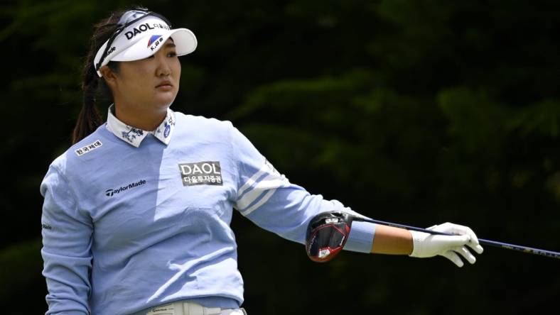 Jul 9, 2023; Pebble Beach, California, USA; Hae Ran Ryu signals after teeing off on the third hole during the final round of the U.S. Women's Open golf tournament at Pebble Beach Golf Links. Mandatory Credit: Kelvin Kuo-USA TODAY Sports