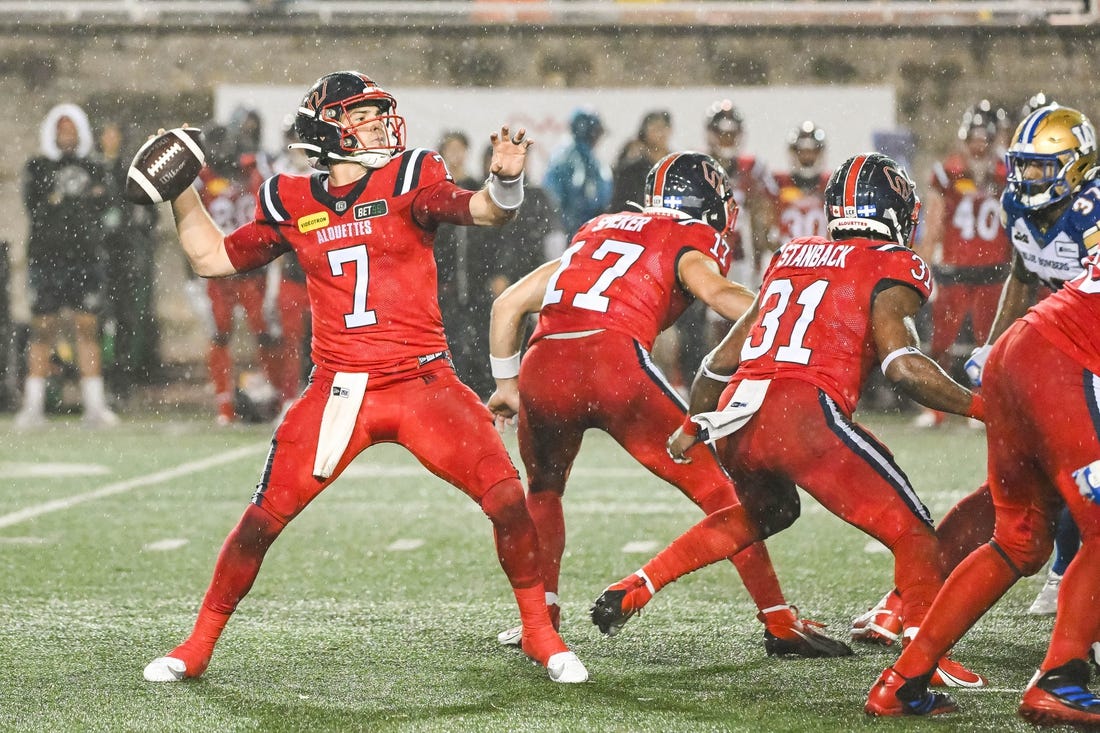 Jul 1, 2023; Montreal, Quebec, CAN; Montreal Alouettes quarterback Cody Fajardo (7) passes the ball against the Winnipeg Blue Bombers during the fourth quarter at Percival Molson Memorial Stadium. Mandatory Credit: David Kirouac-USA TODAY Sports