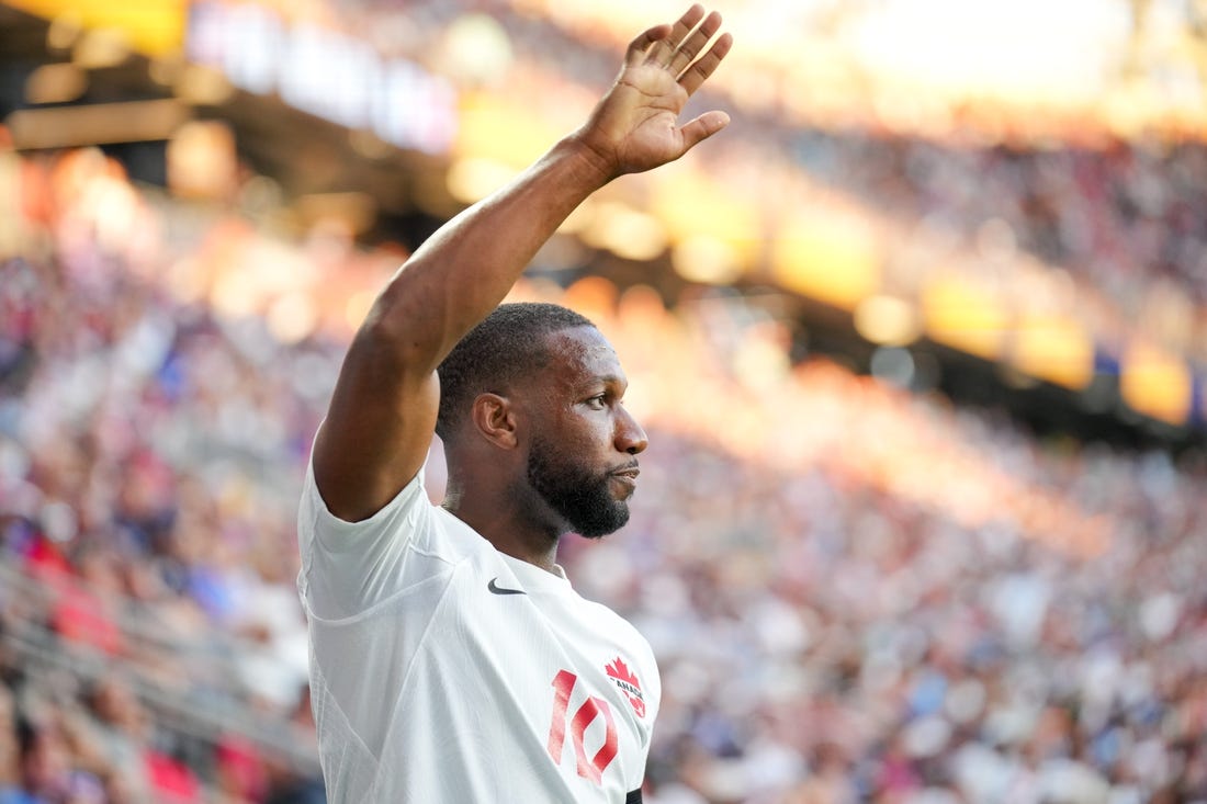 Jul 9, 2023; Cincinnati, Ohio, USA;  Canada forward Junior Hoilett (10) signals to teammates against the United States at TQL Stadium. Mandatory Credit: Aaron Doster-USA TODAY Sports