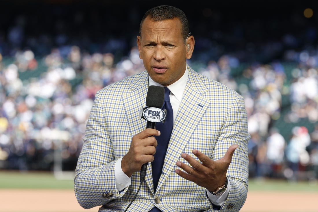 Jul 11, 2023; Seattle, Washington, USA; FOX Sports analyst Alex Rodriguez talks before before the 2023 MLB All Star Game at T-Mobile Park. Mandatory Credit: Joe Nicholson-USA TODAY Sports