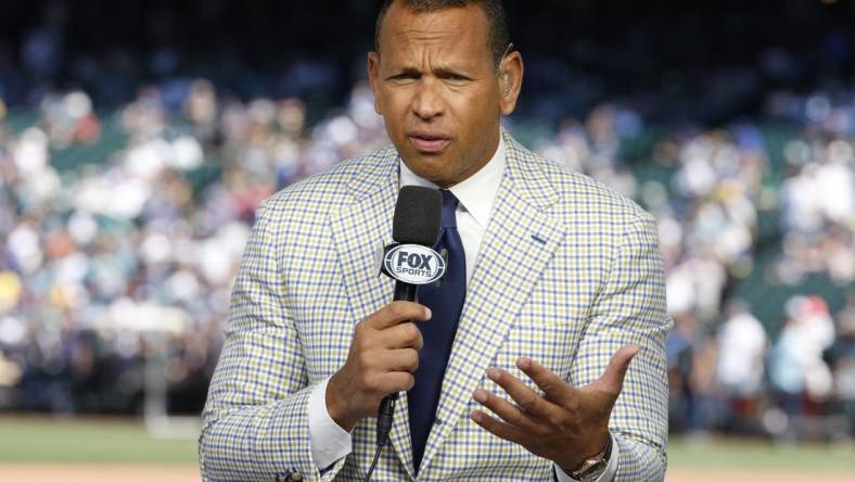 Jul 11, 2023; Seattle, Washington, USA; FOX Sports analyst Alex Rodriguez talks before before the 2023 MLB All Star Game at T-Mobile Park. Mandatory Credit: Joe Nicholson-USA TODAY Sports