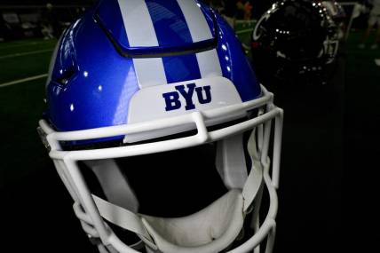 Jul 13, 2023; Arlington, TX, USA; A view of the BYU Cougars helmet and logo during the Big 12 football media day at AT&T Stadium. Mandatory Credit: Jerome Miron-USA TODAY Sports
