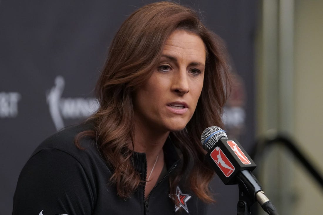 Jul 15, 2023; Las Vegas, NV, USA; Team Stewart head coach Stephanie White answers questions during a press conference prior to the 2023 WNBA All-Star Game at Michelob Ultra Arena. Mandatory Credit: Lucas Peltier-USA TODAY Sports