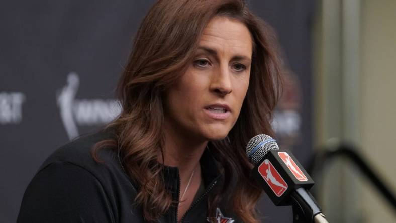 Jul 15, 2023; Las Vegas, NV, USA; Team Stewart head coach Stephanie White answers questions during a press conference prior to the 2023 WNBA All-Star Game at Michelob Ultra Arena. Mandatory Credit: Lucas Peltier-USA TODAY Sports