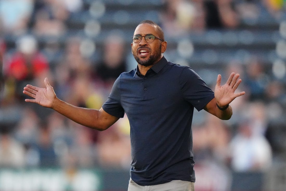 Jul 15, 2023; Commerce City, Colorado, USA; Colorado Rapids head coach Robin Fraser reacts during the first half against the Houston Dynamo FC at Dick's Sporting Goods Park. Mandatory Credit: Ron Chenoy-USA TODAY Sports