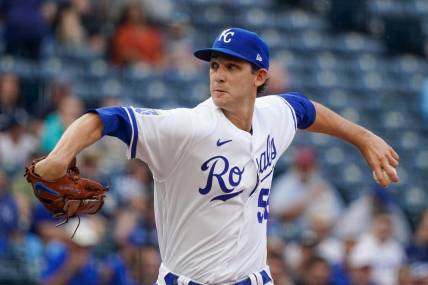 Jul 18, 2023; Kansas City, Missouri, USA; Kansas City Royals starting pitcher Daniel Lynch IV (52) delivers a pitch against the Detroit Tigers in the first inning at Kauffman Stadium. Mandatory Credit: Denny Medley-USA TODAY Sports