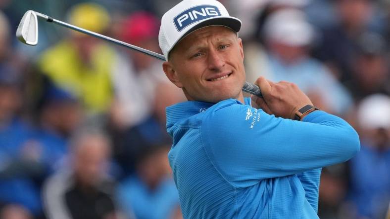 July 20, 2023; Hoylake, ENGLAND, GBR; Adrian Meronk plays his shot from the fourth tee during the first round of The Open Championship golf tournament at Royal Liverpool. Mandatory Credit: Kyle Terada-USA TODAY Sports