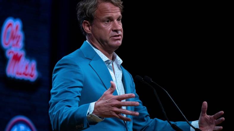 Ole Miss Head Coach Lane Kiffin speaks at the 2023 SEC Football Kickoff Media Days at the Nashville Grand Hyatt on Broadway, Thursday, July 20, 2023.