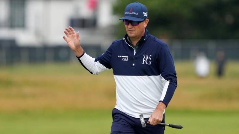 July 21, 2023; Hoylake, ENGLAND, GBR; Zach Johnson reacts after a putt on the second hole during the second round of The Open Championship golf tournament at Royal Liverpool. Mandatory Credit: Kyle Terada-USA TODAY Sports