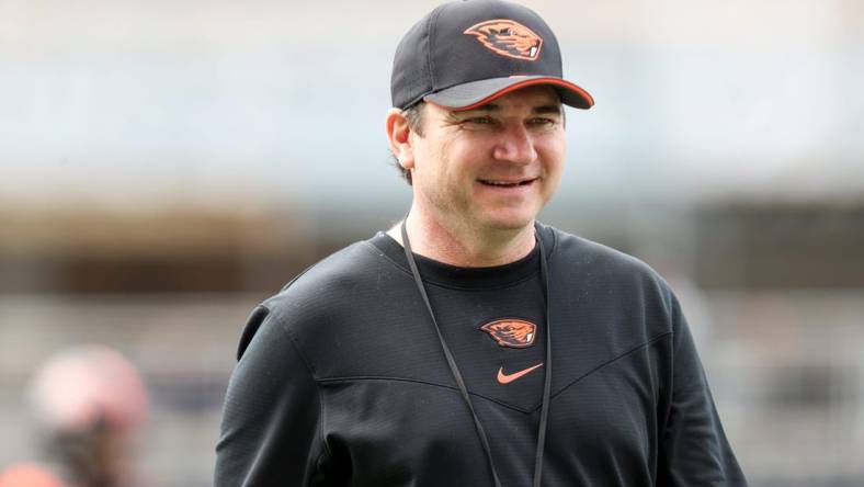 Oregon State head coach Jonathan Smith walks the field before the spring showcase at Reser Stadium, Saturday, April 22, 2023, in Corvallis, Ore.

Oregon State Spring Game597