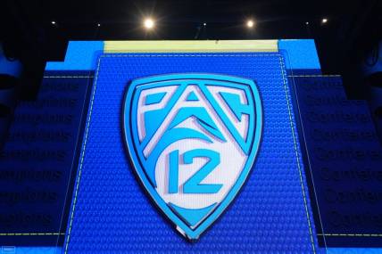 Jul 21, 2023; Las Vegas, NV, USA; The Pac-12 Conference logo during Pac-12 Media Day at Resorts World Las Vegas. Mandatory Credit: Kirby Lee-USA TODAY Sports