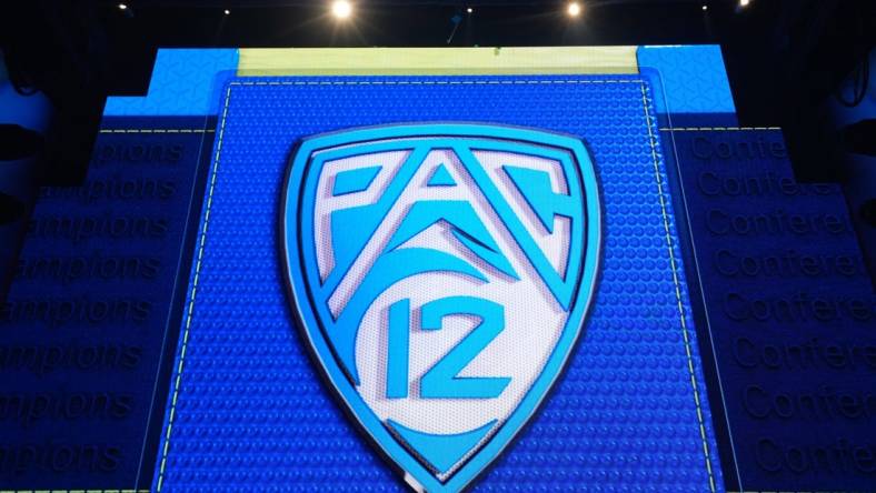 Jul 21, 2023; Las Vegas, NV, USA; The Pac-12 Conference logo during Pac-12 Media Day at Resorts World Las Vegas. Mandatory Credit: Kirby Lee-USA TODAY Sports