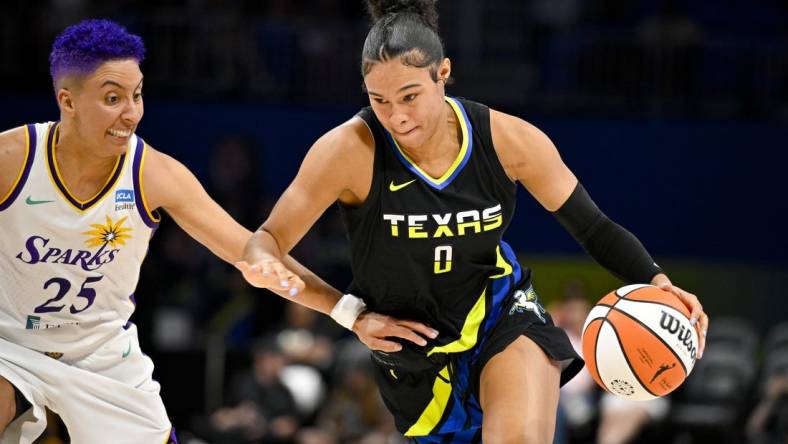 Jul 22, 2023; Arlington, Texas, USA; Dallas Wings forward Satou Sabally (0) drives to the basket past Los Angeles Sparks guard Layshia Clarendon (25) during the second quarter at College Park Center. Mandatory Credit: Jerome Miron-USA TODAY Sports