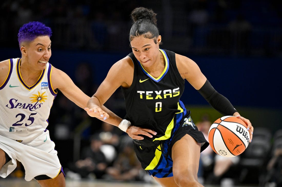 Jul 22, 2023; Arlington, Texas, USA; Dallas Wings forward Satou Sabally (0) drives to the basket past Los Angeles Sparks guard Layshia Clarendon (25) during the second quarter at College Park Center. Mandatory Credit: Jerome Miron-USA TODAY Sports