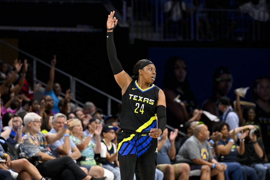 Jul 22, 2023; Arlington, Texas, USA; Dallas Wings guard Arike Ogunbowale (24) celebrates during the second half against the Los Angeles Sparks at College Park Center. Mandatory Credit: Jerome Miron-USA TODAY Sports