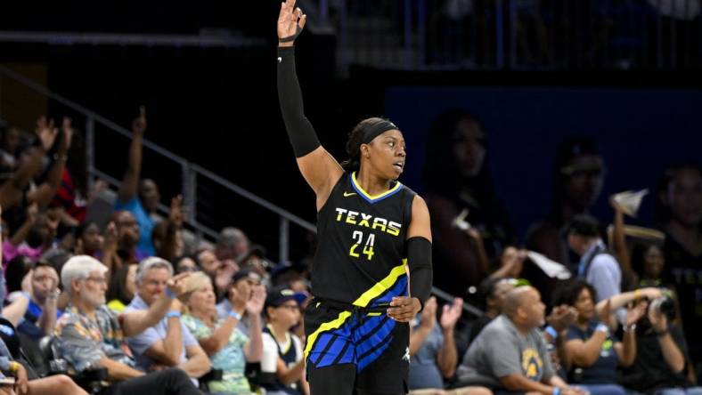 Jul 22, 2023; Arlington, Texas, USA; Dallas Wings guard Arike Ogunbowale (24) celebrates during the second half against the Los Angeles Sparks at College Park Center. Mandatory Credit: Jerome Miron-USA TODAY Sports