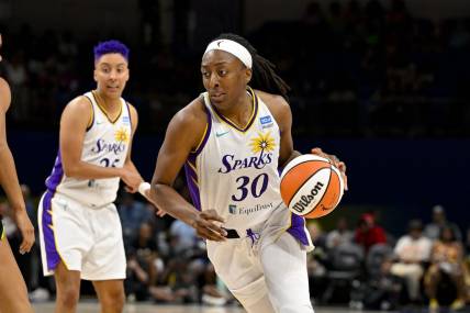 Jul 22, 2023; Arlington, Texas, USA; Los Angeles Sparks forward Nneka Ogwumike (30) brings the ball up court against the Dallas Wings during the second half at College Park Center. Mandatory Credit: Jerome Miron-USA TODAY Sports