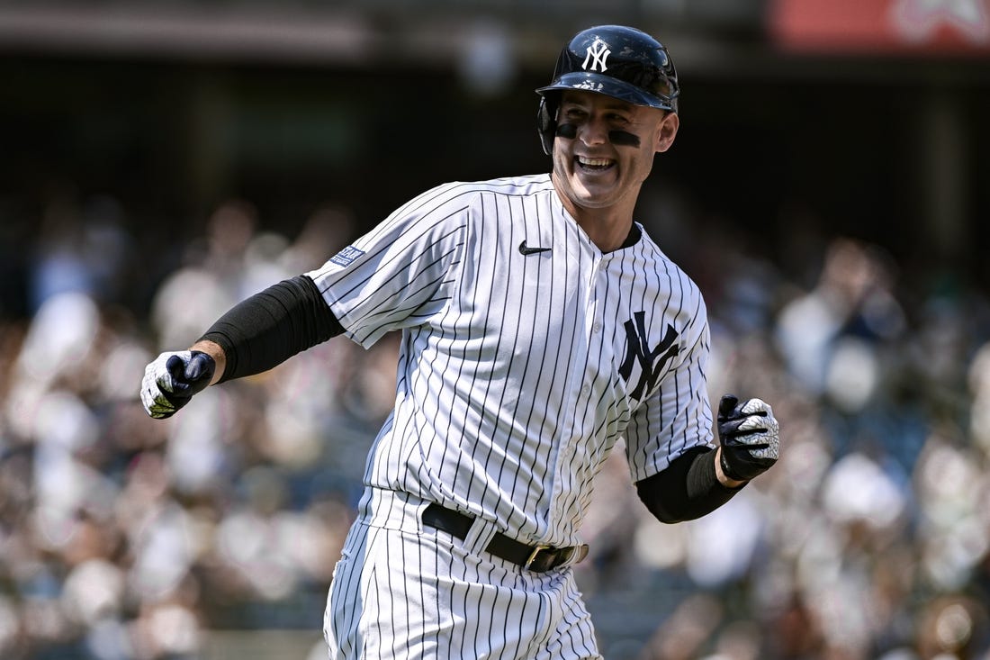 Jul 23, 2023; Bronx, New York, USA; New York Yankees first baseman Anthony Rizzo (48) reacts after hitting a solo home run against the Kansas City Royals during the third inning at Yankee Stadium. Mandatory Credit: John Jones-USA TODAY Sports