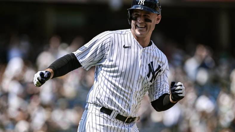 Jul 23, 2023; Bronx, New York, USA; New York Yankees first baseman Anthony Rizzo (48) reacts after hitting a solo home run against the Kansas City Royals during the third inning at Yankee Stadium. Mandatory Credit: John Jones-USA TODAY Sports