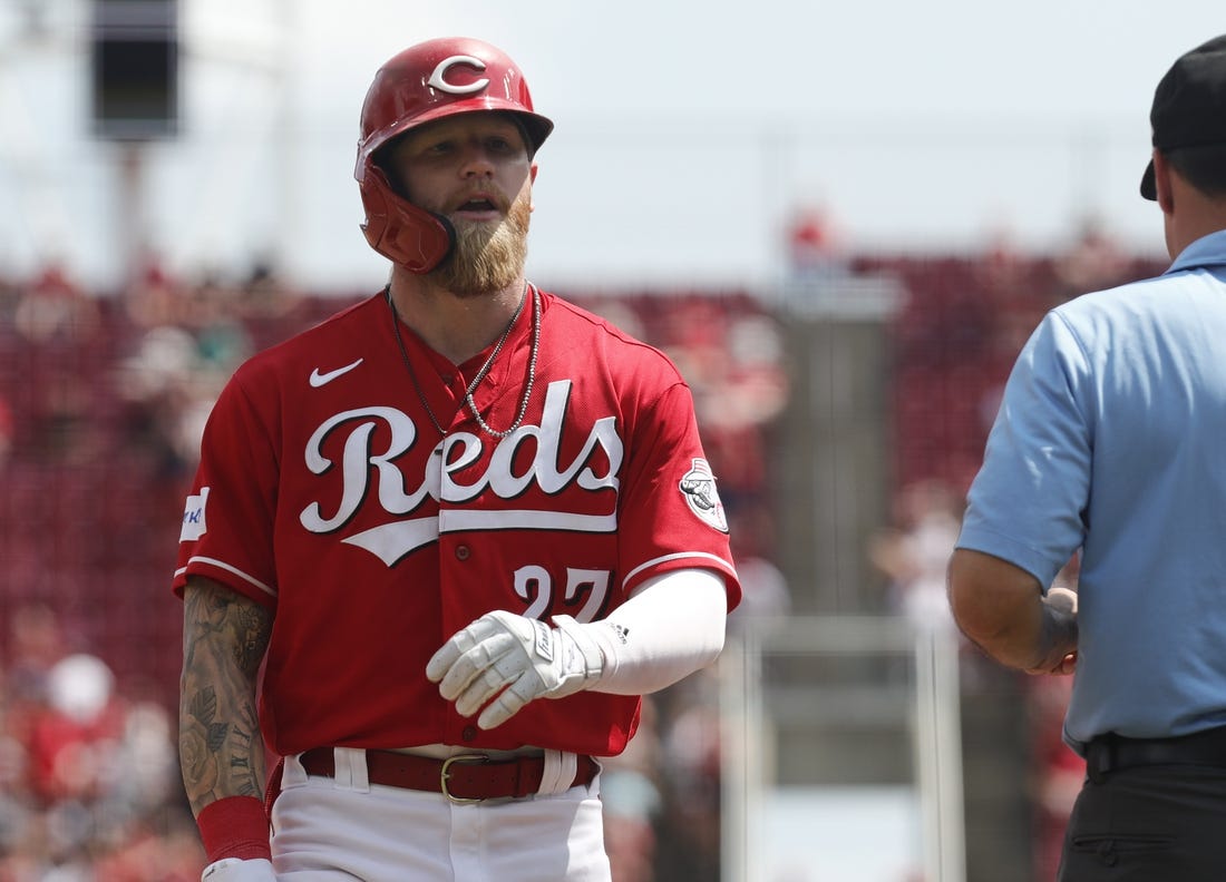 Jul 23, 2023; Cincinnati, Ohio, USA; Cincinnati Reds center fielder Jake Fraley (27) walks from third base after being tagged out against the Arizona Diamondbacks during the sixth inning at Great American Ball Park. Mandatory Credit: David Kohl-USA TODAY Sports