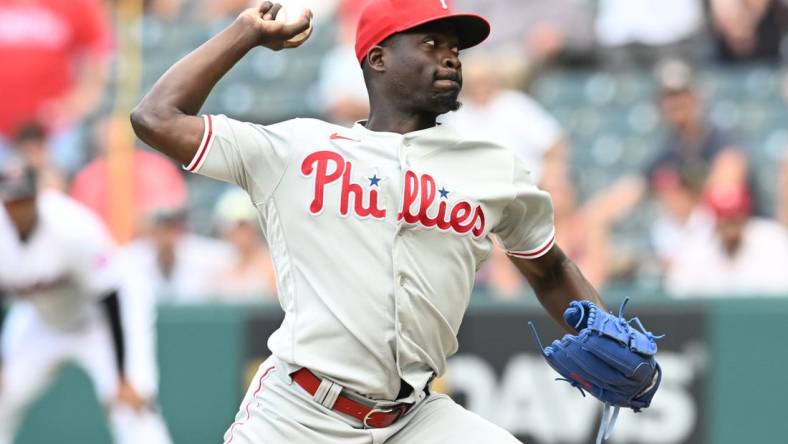 Jul 23, 2023; Cleveland, Ohio, USA; Philadelphia Phillies relief pitcher Yunior Marte (43) throws a pitch during the tenth inning against the Cleveland Guardians at Progressive Field. Mandatory Credit: Ken Blaze-USA TODAY Sports