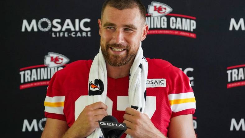 Jul 24, 2023; St. Joseph, MO, USA; Kansas City Chiefs tight end Travis Kelce (87) answers questions from reporters during training camp at Missouri Western State University. Mandatory Credit: Denny Medley-USA TODAY Sports