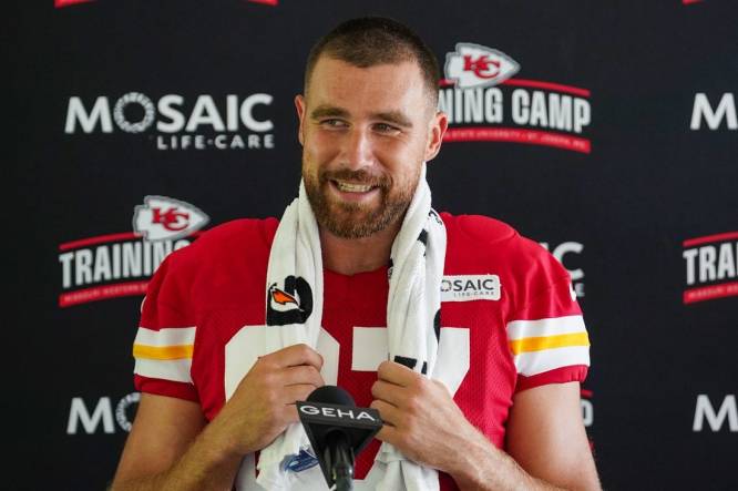 Jul 24, 2023; St. Joseph, MO, USA; Kansas City Chiefs tight end Travis Kelce (87) answers questions from reporters during training camp at Missouri Western State University. Mandatory Credit: Denny Medley-USA TODAY Sports