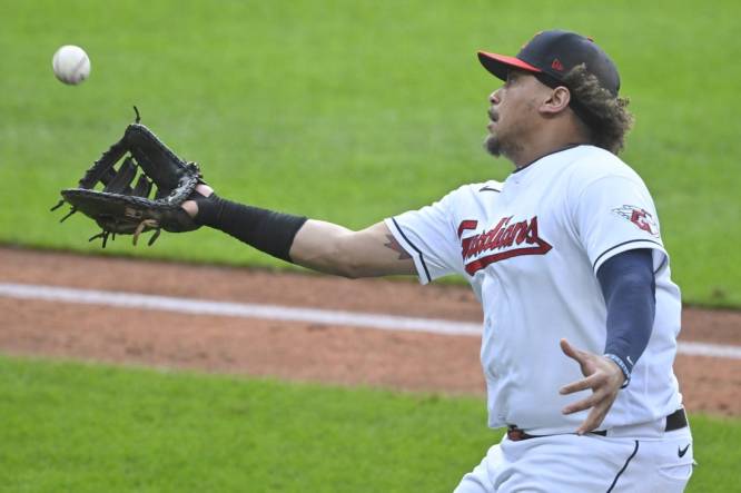 Jul 24, 2023; Cleveland, Ohio, USA; Cleveland Guardians first baseman Josh Naylor (22) catches a foul popup in the second inning against the Kansas City Royals at Progressive Field. Mandatory Credit: David Richard-USA TODAY Sports