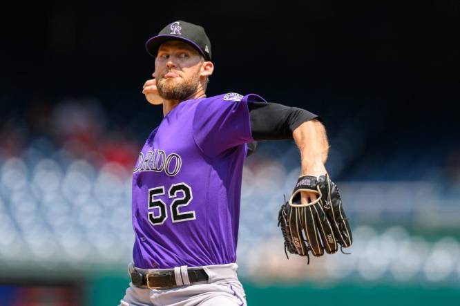 Jul 26, 2023; Washington, District of Columbia, USA; Colorado Rockies relief pitcher Daniel Bard (52) throws a pitch during the ninth inning against the Washington Nationals at Nationals Park. Mandatory Credit: Reggie Hildred-USA TODAY Sports