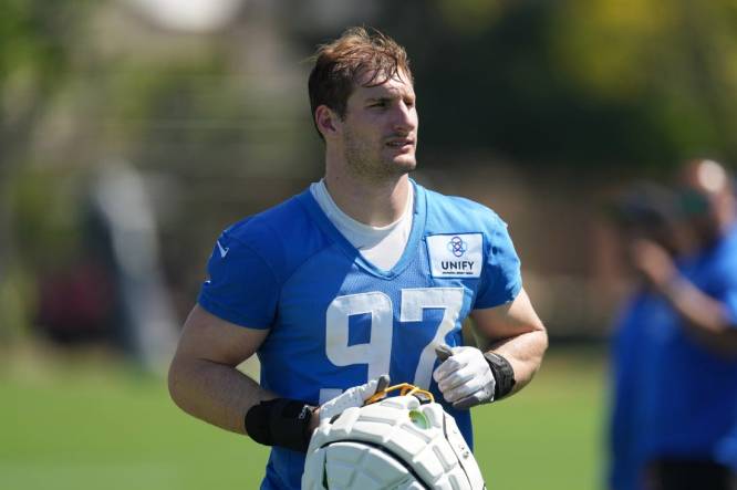 Jul 26, 2023; Costa Mesa, CA, USA; Los Angeles Chargers defensive end Joey Bosa (97) during training camp at Jack Hammet Sports Comples. Mandatory Credit: Kirby Lee-USA TODAY Sports