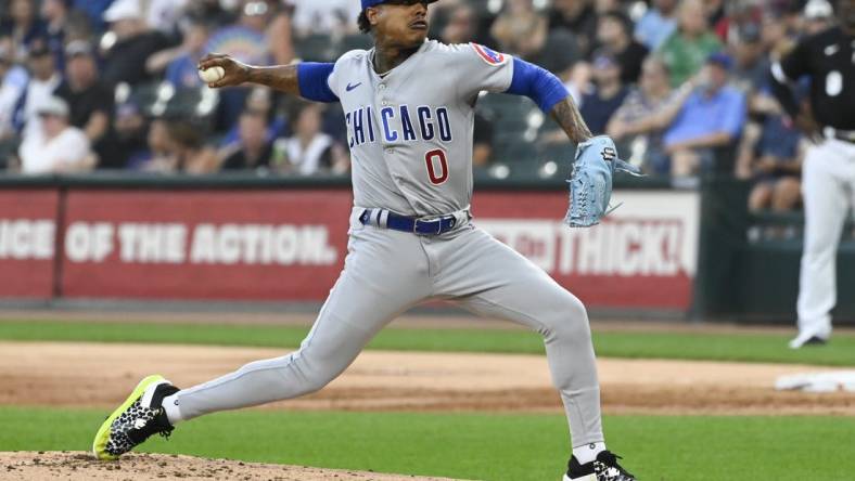 Jul 26, 2023; Chicago, Illinois, USA;  Chicago Cubs starting pitcher Marcus Stroman (0) delivers against the Chicago White Sox during the first inning at Guaranteed Rate Field. Mandatory Credit: Matt Marton-USA TODAY Sports