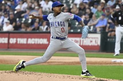 Jul 26, 2023; Chicago, Illinois, USA;  Chicago Cubs starting pitcher Marcus Stroman (0) delivers against the Chicago White Sox during the first inning at Guaranteed Rate Field. Mandatory Credit: Matt Marton-USA TODAY Sports