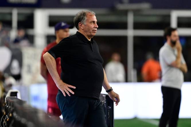 Jul 26, 2023; Foxborough, MA, USA; New England Revolution head coach Bruce Arena watches game action on the pitch during the second half against Club Atletico de San Luis at Gillette Stadium. Mandatory Credit: Eric Canha-USA TODAY Sports