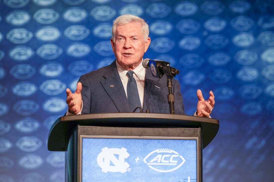 Jul 27, 2023; Charlotte, NC, USA; UNC head coach Mack Brown answers questions from the media during the ACC 2023 Kickoff at The Westin Charlotte. Mandatory Credit: Jim Dedmon-USA TODAY Sports