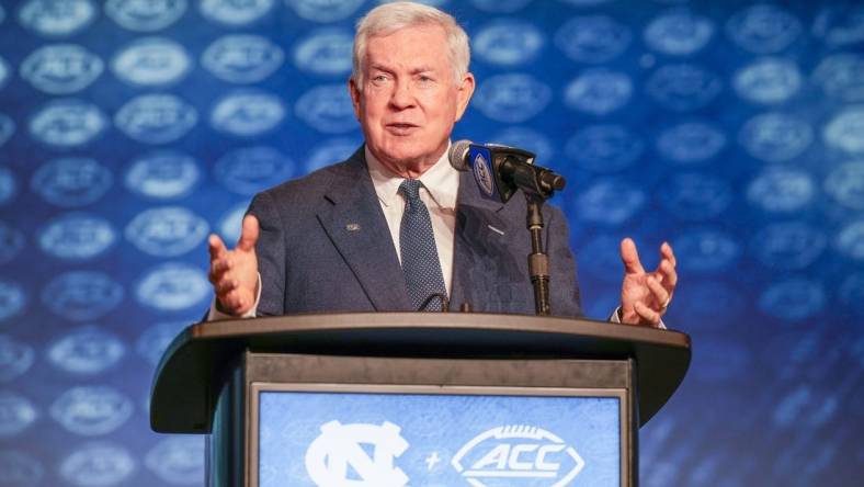 Jul 27, 2023; Charlotte, NC, USA; UNC head coach Mack Brown answers questions from the media during the ACC 2023 Kickoff at The Westin Charlotte. Mandatory Credit: Jim Dedmon-USA TODAY Sports