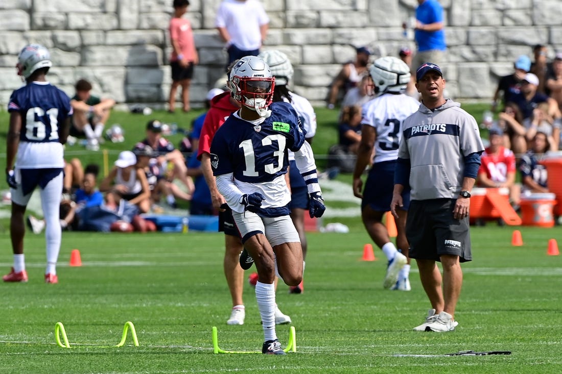 Jul 27, 2023; Foxborough, MA, USA; New England Patriots cornerback Jack Jones (13) sprints during training camp at Gillette Stadium. Mandatory Credit: Eric Canha-USA TODAY Sports