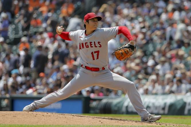 Jul 27, 2023; Detroit, Michigan, USA; Los Angeles Angels starting pitcher Shohei Ohtani (17) pitches in the fourth inning against the Detroit Tigers at Comerica Park. Mandatory Credit: Rick Osentoski-USA TODAY Sports